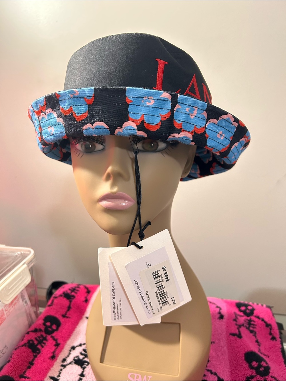 Lanvin Black Bucket Hat with Blue Floral Brim and Red Logo